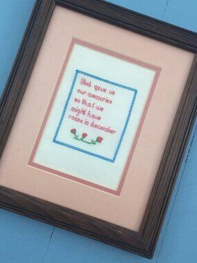 Vintage Framed Needlepoint, Rose Crewel, Cottagecore Wall Decor, Embroidered P